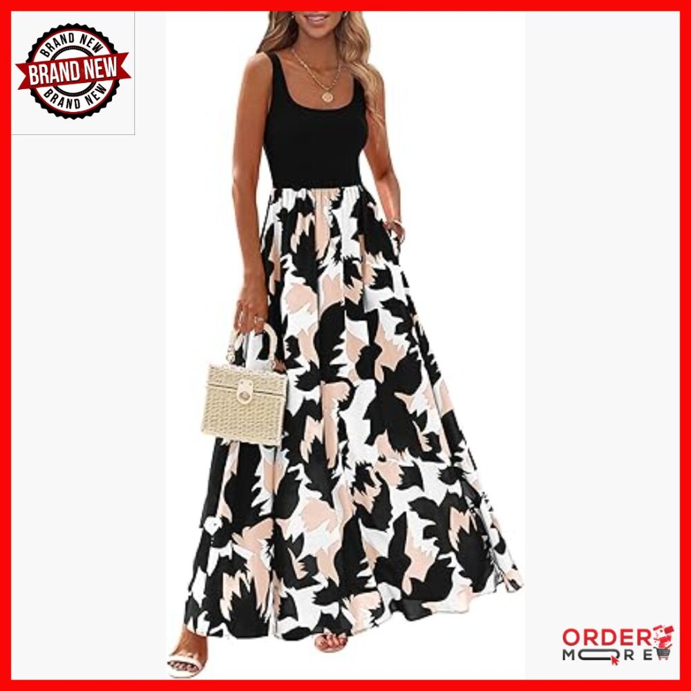 Sleeveless Floral Maxi Dress Scoop Neck A-Line Beach Vacation Resort Wear